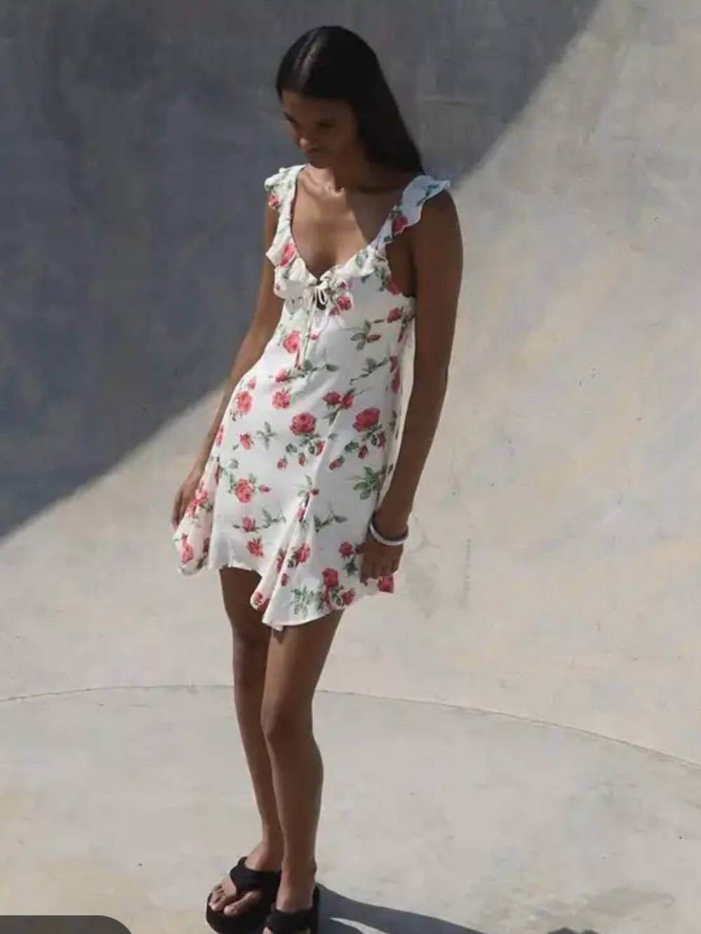 Bershka White Mini Dress with Pink Rose Print